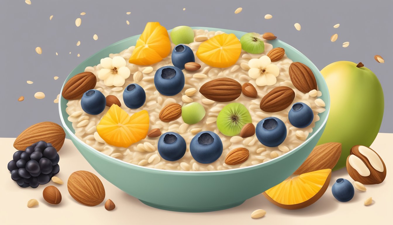 A bowl of oatmeal topped with nuts and fruit, surrounded by a variety of nutrient-dense foods, with a sense of satisfaction and combatting persistent appetite