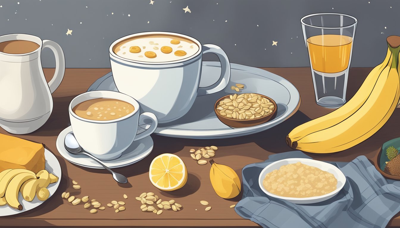 A cozy mug of warm milk surrounded by sleep-inducing foods like bananas, oatmeal, and chamomile tea on a bedside table