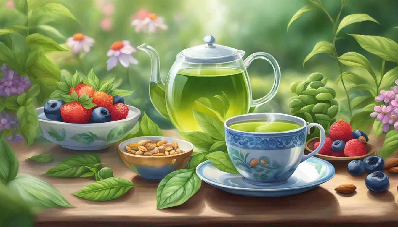 A serene, lush garden with a steaming cup of green tea surrounded by healing foods like berries, nuts, and leafy greens. A gentle breeze carries the scent of herbs and flowers