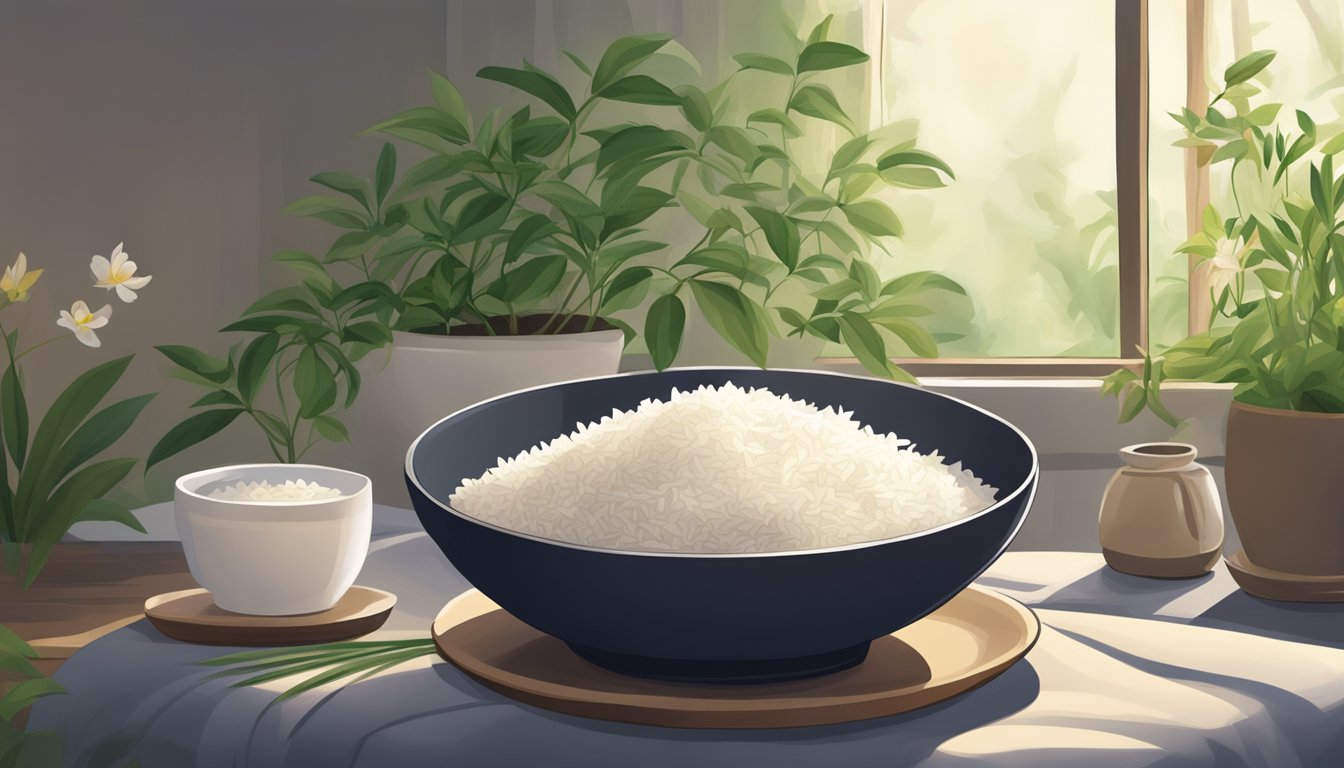 A bowl of jasmine rice surrounded by calming herbs and a cozy bed, setting the scene for a restful night's sleep