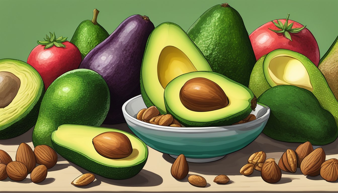 A colorful array of avocados, nuts, and vegetables arranged on a table, with a focus on the vibrant green avocados