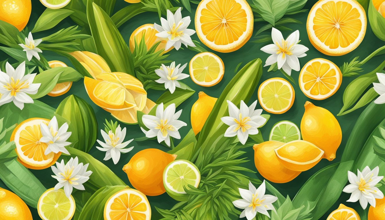 A vibrant assortment of turmeric, honey, and aloe vera surrounded by fresh lemons and oranges, all set against a backdrop of lush green leaves and blooming flowers