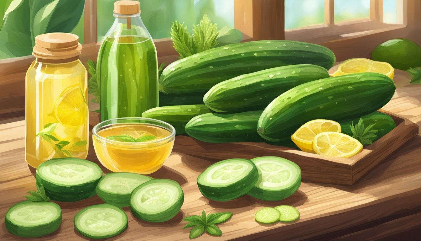 Fresh cucumbers and other healing foods arranged on a wooden table. Aloe vera, honey, and lemons also present. Sunlight streaming through a nearby window