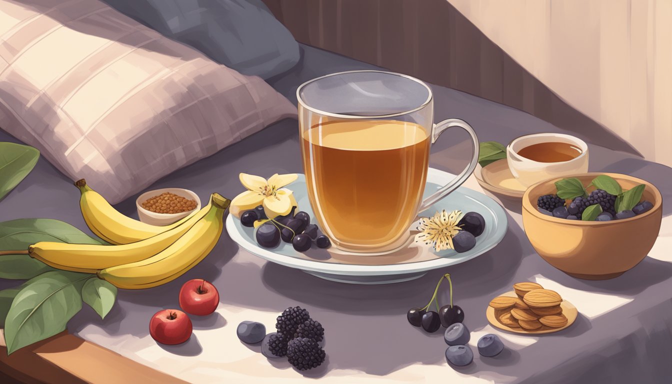 A steaming cup of passionflower tea surrounded by sleep-inducing foods like bananas, almonds, and cherries, set on a cozy bedside table with a soft, inviting bed in the background