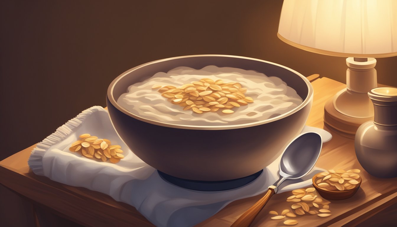 A warm bowl of oatmeal sits on a wooden table, surrounded by a cozy blanket and a dimly lit lamp, creating a peaceful and restful atmosphere