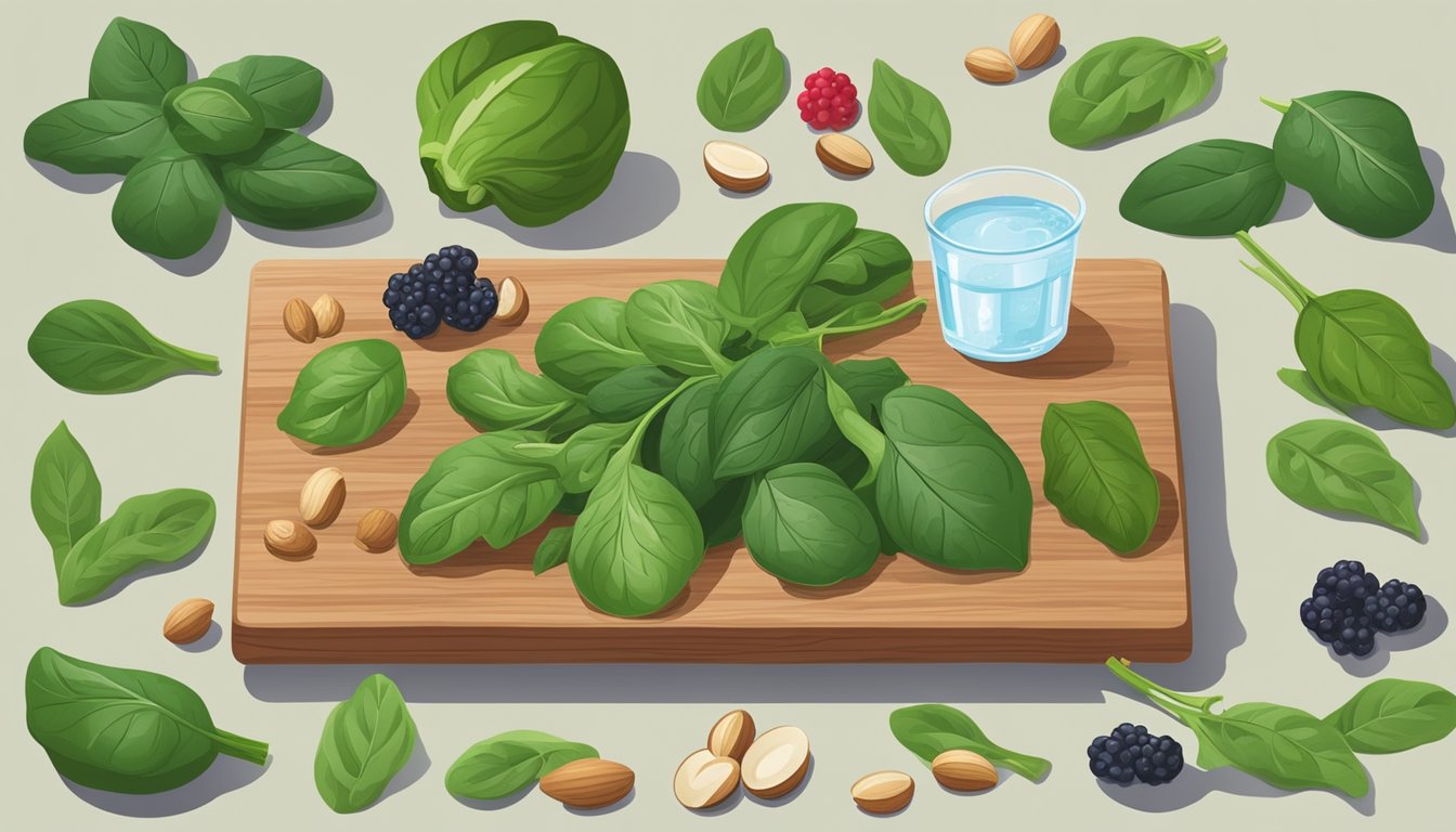 A variety of spinach, berries, and nuts arranged on a wooden cutting board, surrounded by fresh ingredients and a glass of water