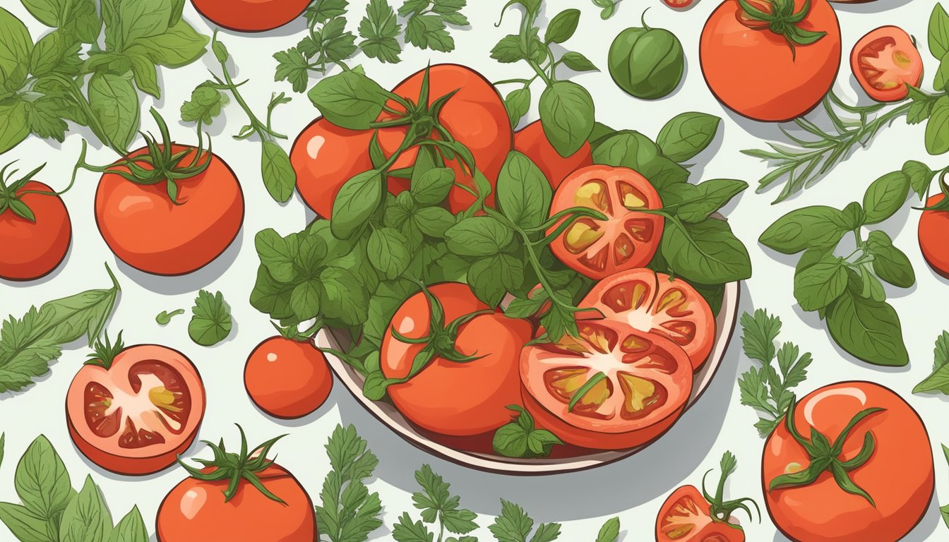 A bowl of ripe tomatoes surrounded by fresh herbs and other skin-clearing foods, symbolizing their role in fighting acne