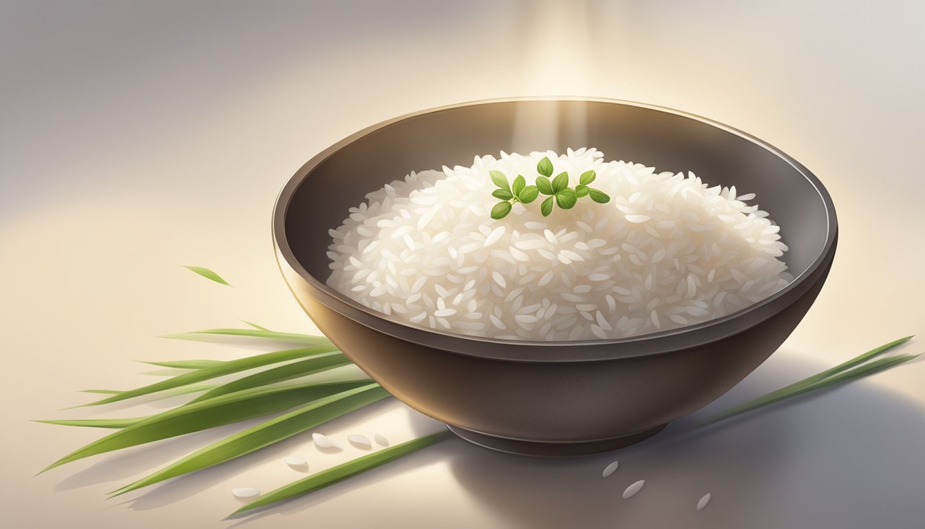 A steaming bowl of plain rice surrounded by soft, soothing light