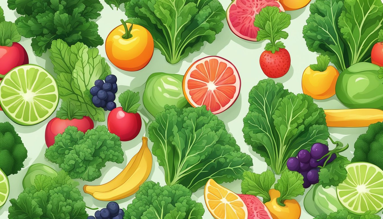 Fresh green kale leaves surrounded by colorful fruits and vegetables, with a clear complexion and radiant glow