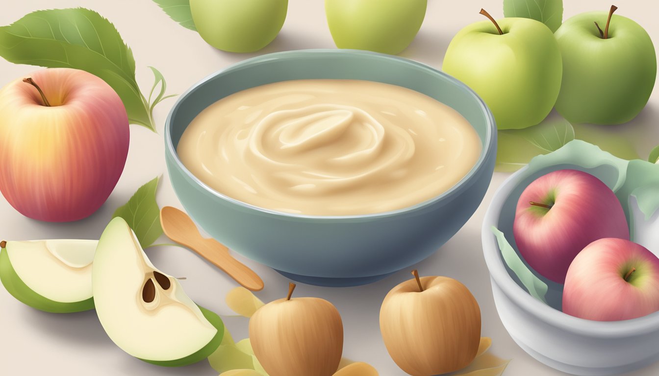 A bowl of applesauce surrounded by soft, pastel-colored foods on a calming, neutral background