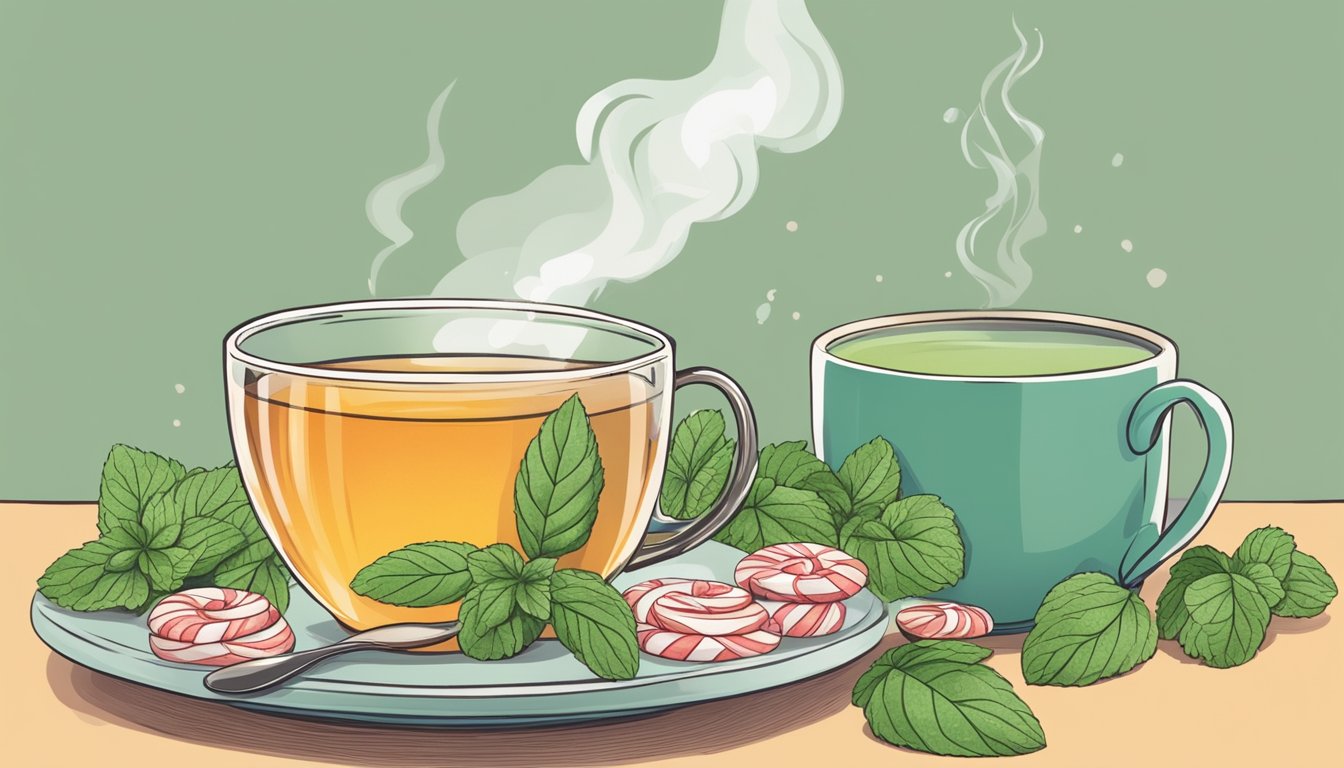 A steaming cup of peppermint tea surrounded by gentle, soothing foods for an upset stomach