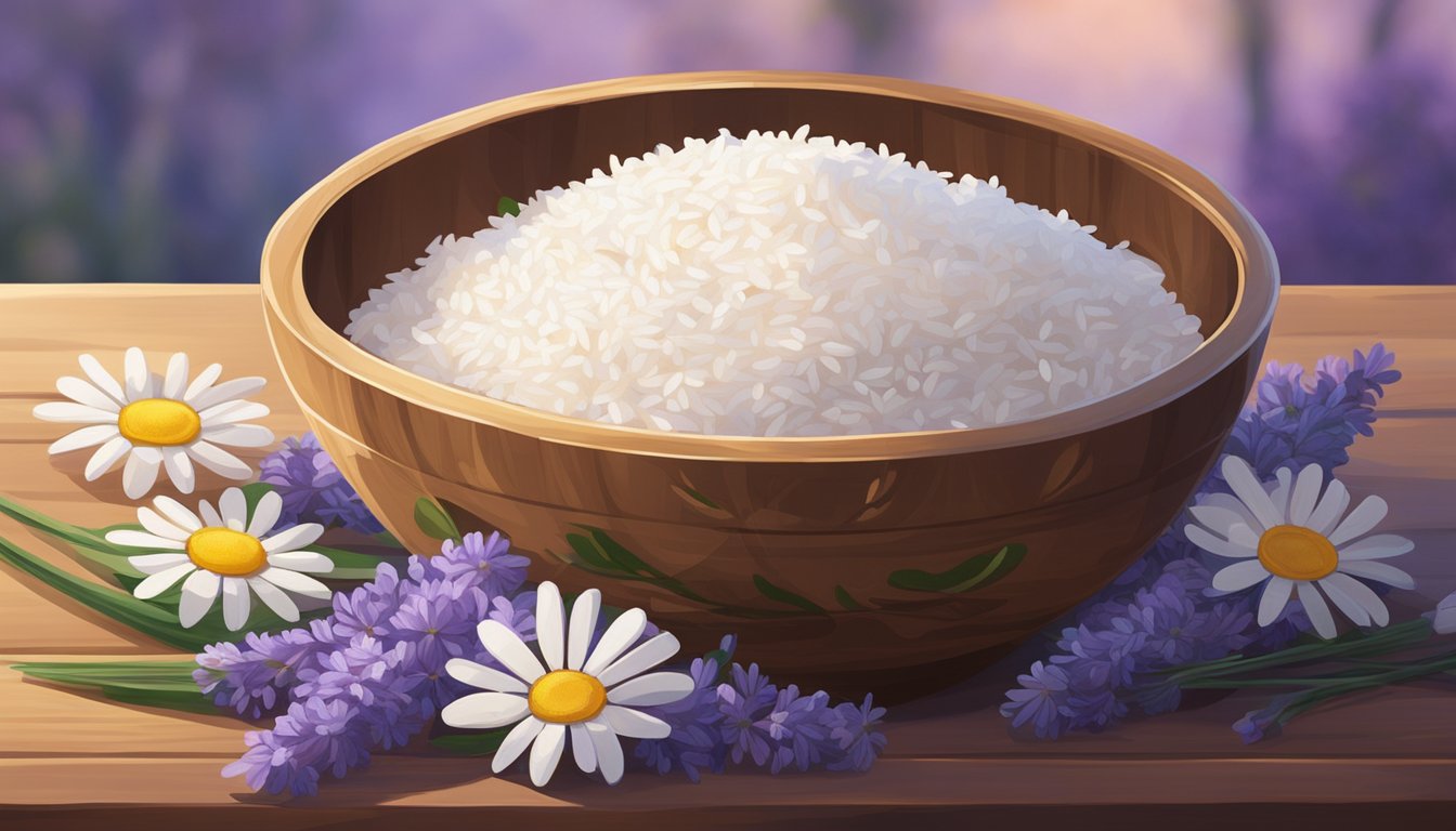 A bowl of steaming white rice sits on a wooden table, surrounded by calming lavender and chamomile flowers. A soft, warm light illuminates the scene, creating a sense of tranquility