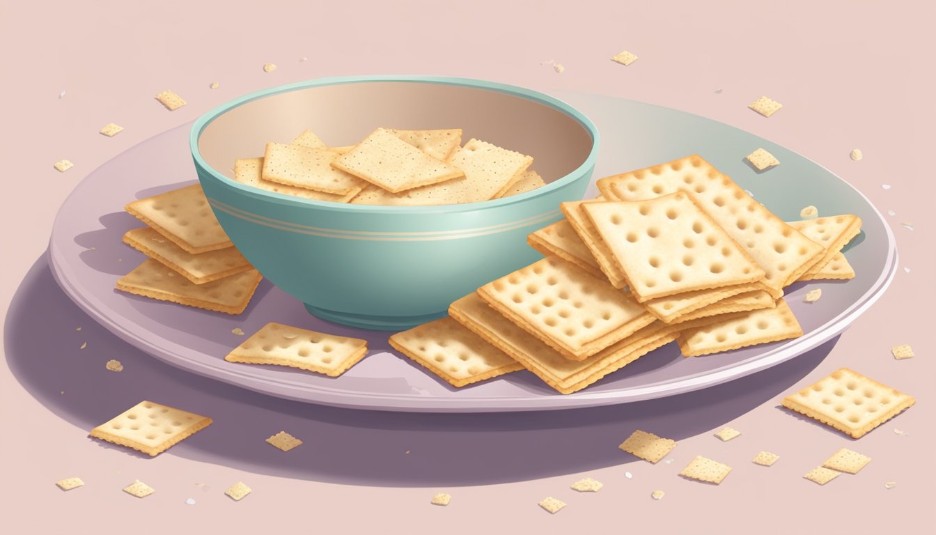 A bowl of saltine crackers on a soft, pastel-colored plate, surrounded by a few scattered crumbs