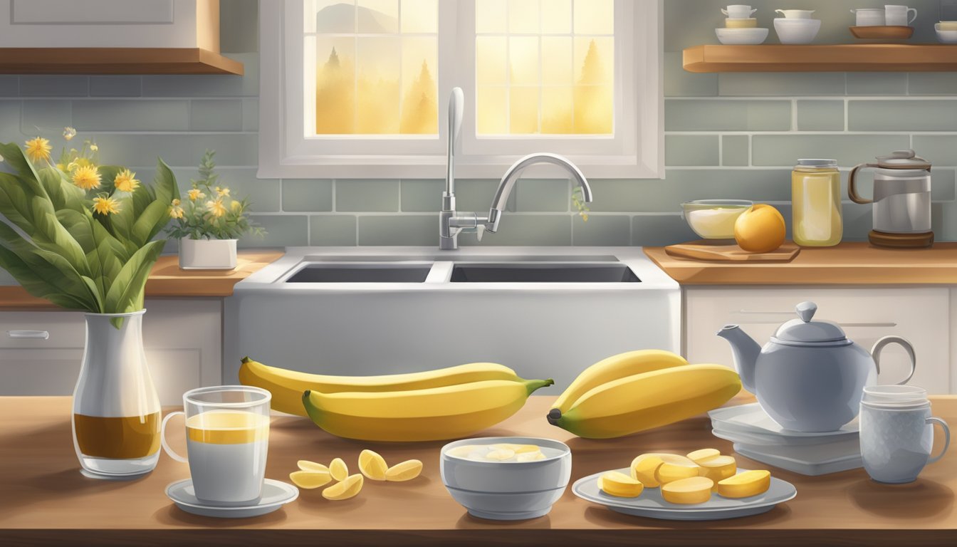 A serene kitchen counter with a variety of sleep-enhancing foods: turkey, bananas, almonds, and chamomile tea. A warm, inviting atmosphere with soft lighting