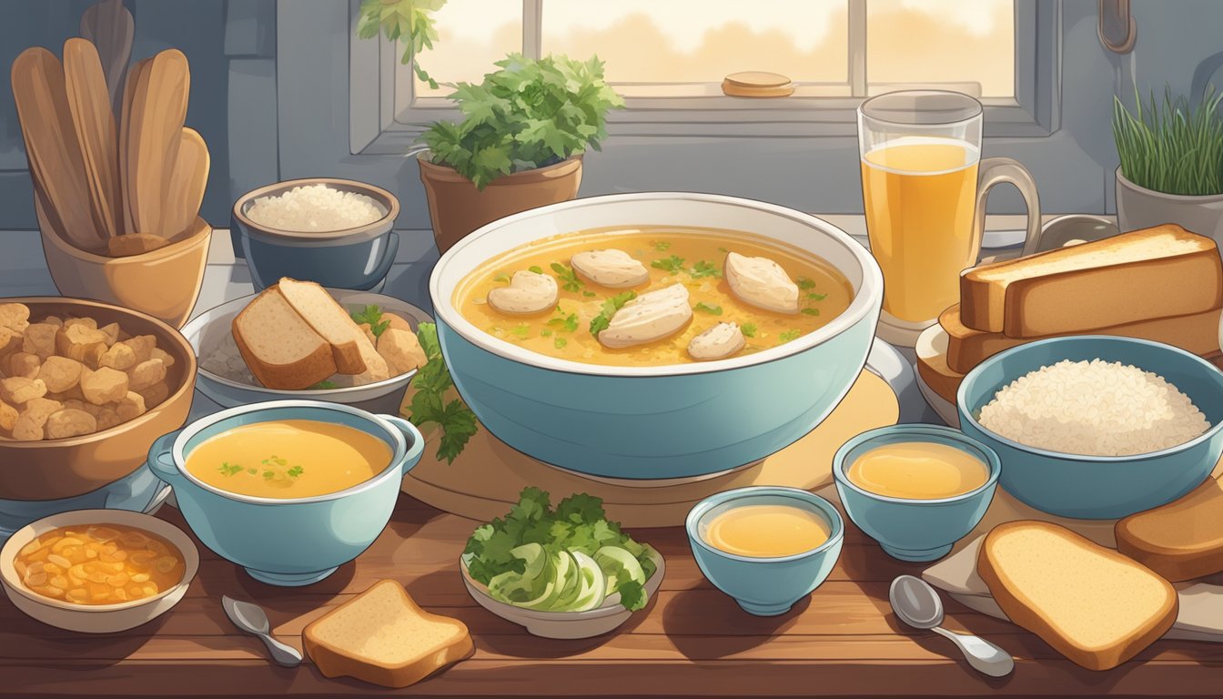 A steaming bowl of chicken broth surrounded by soft, comforting foods like rice and toast, set on a cozy kitchen table