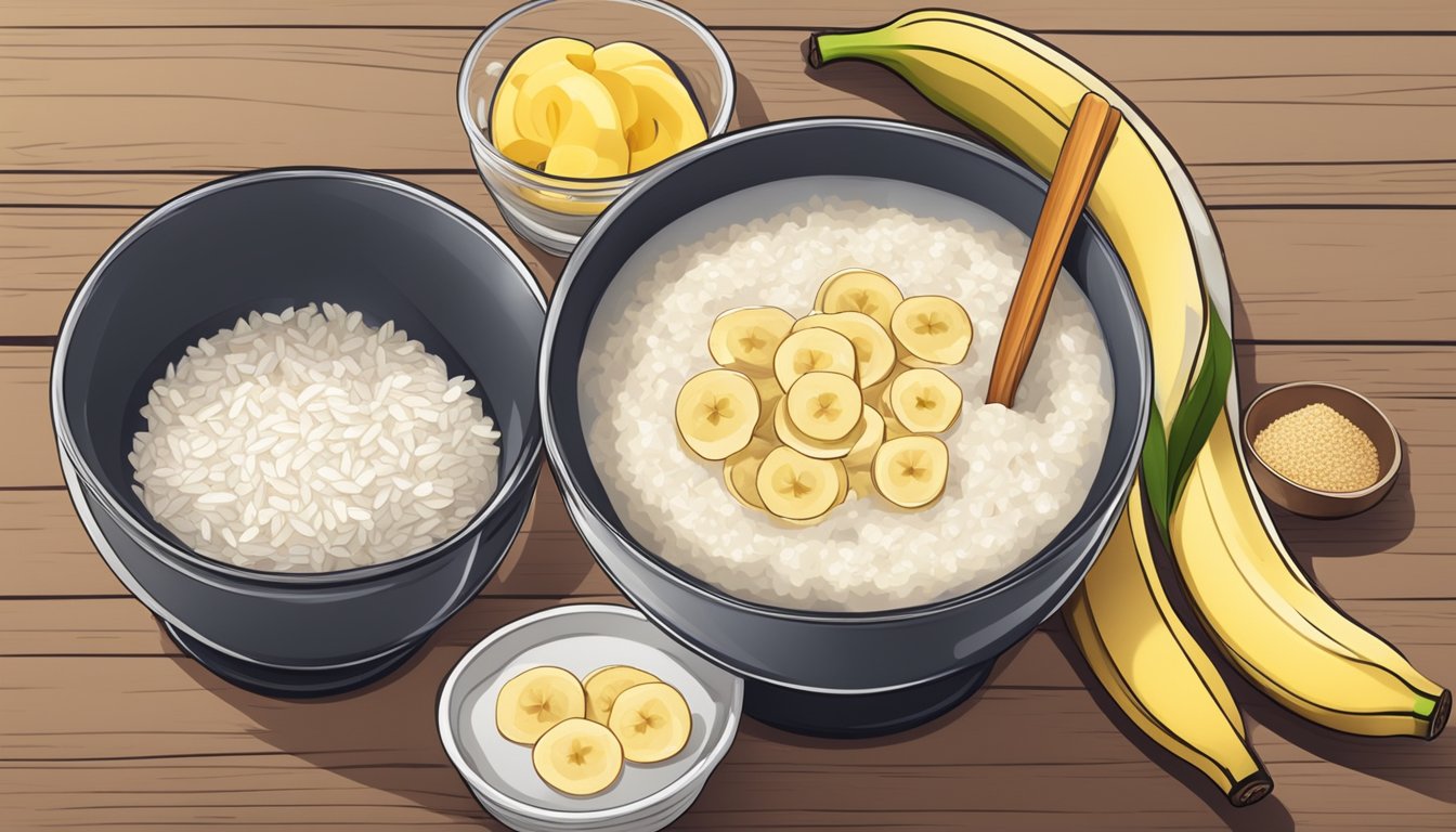 A bowl of steaming rice porridge with a sprinkle of ginger and a few slices of ripe banana, set on a wooden table