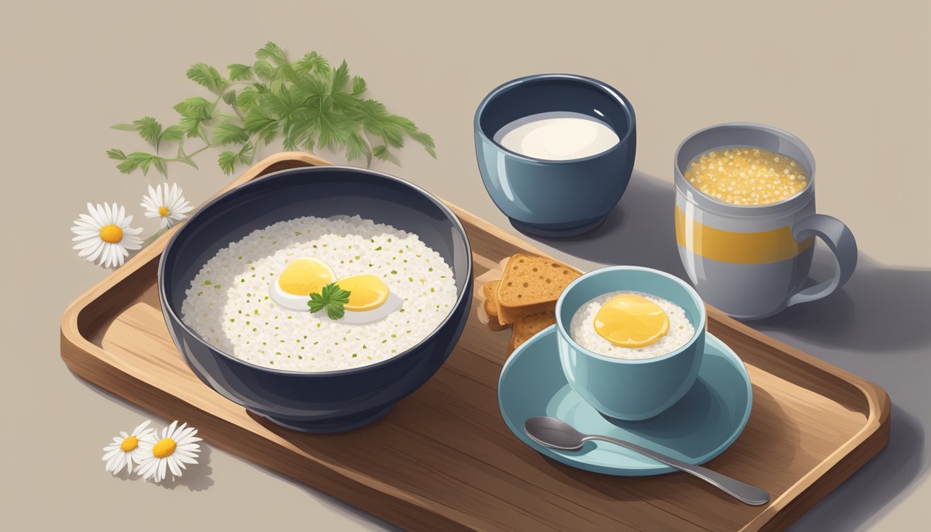 A soothing bowl of steaming rice porridge with a sprinkle of ginger and a side of plain toast, set on a wooden tray with a calming cup of chamomile tea