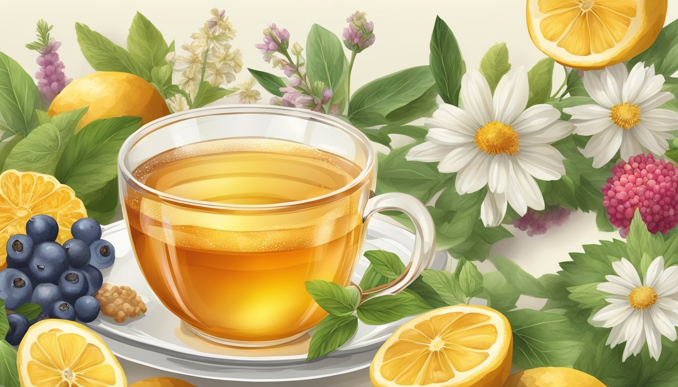 A warm cup of honey tea surrounded by calming herbs and fruits