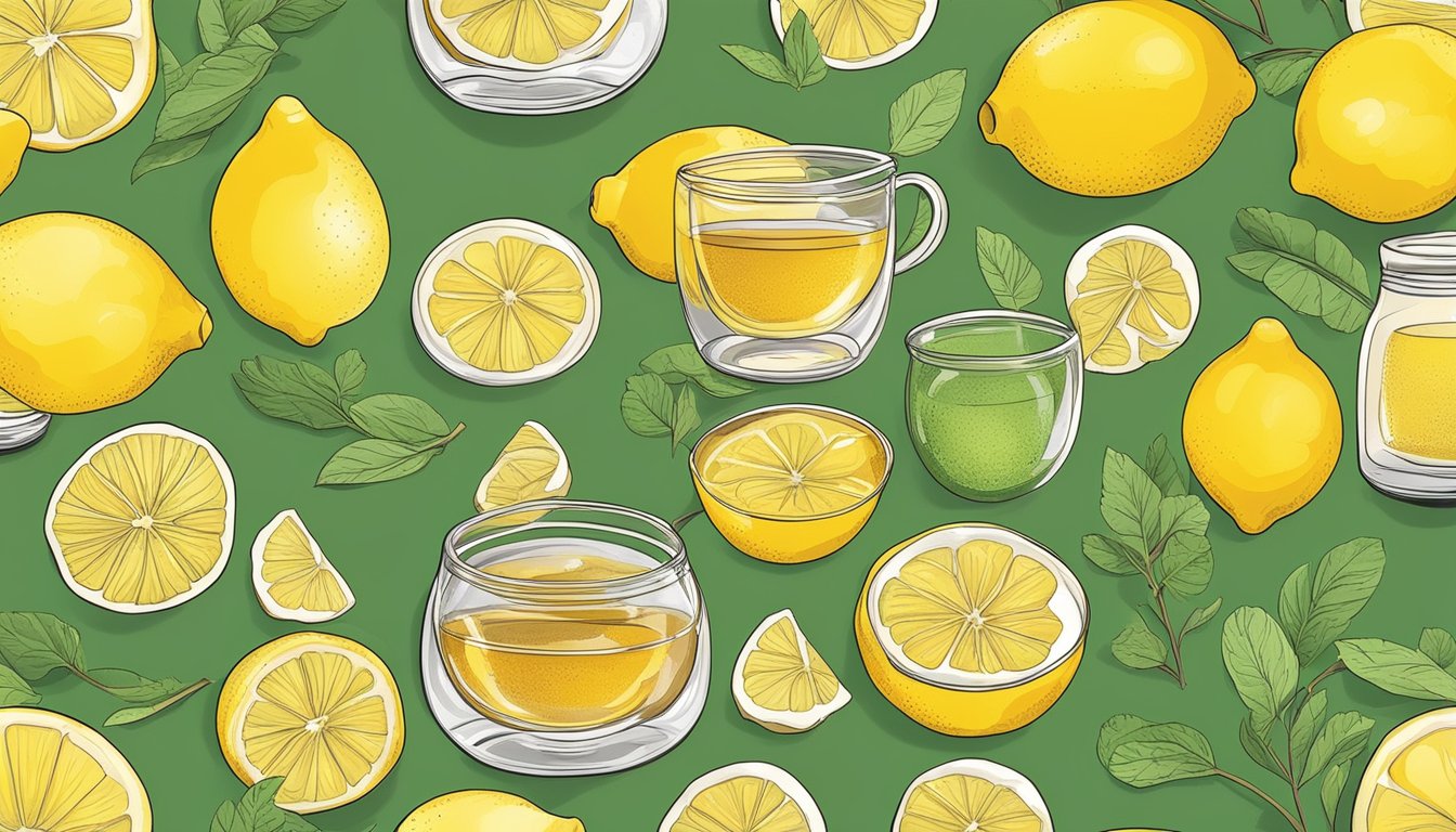 A glass of lemon juice surrounded by soothing foods like honey, ginger, and herbal tea