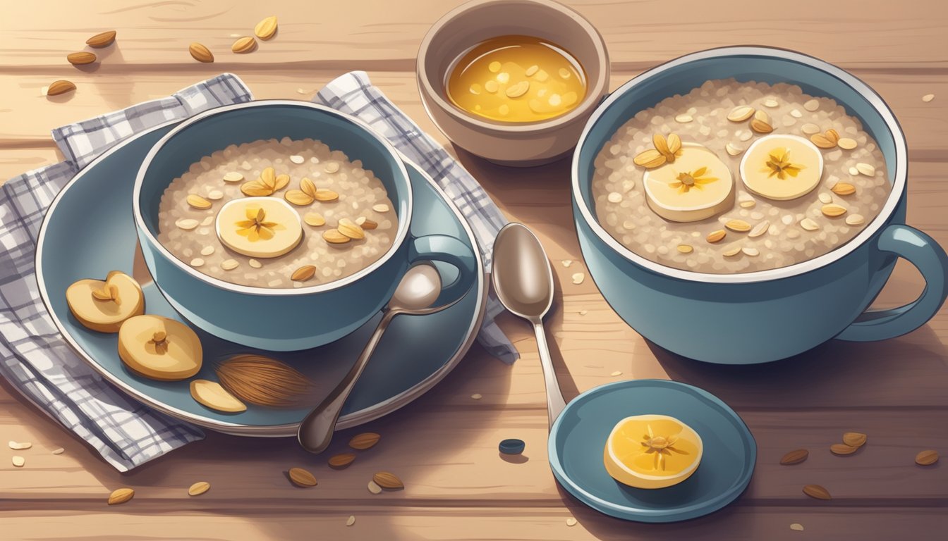 A cozy bowl of oatmeal with a sprinkle of sleep-inducing ingredients like bananas and almonds, sitting on a wooden table with a warm mug of chamomile tea nearby