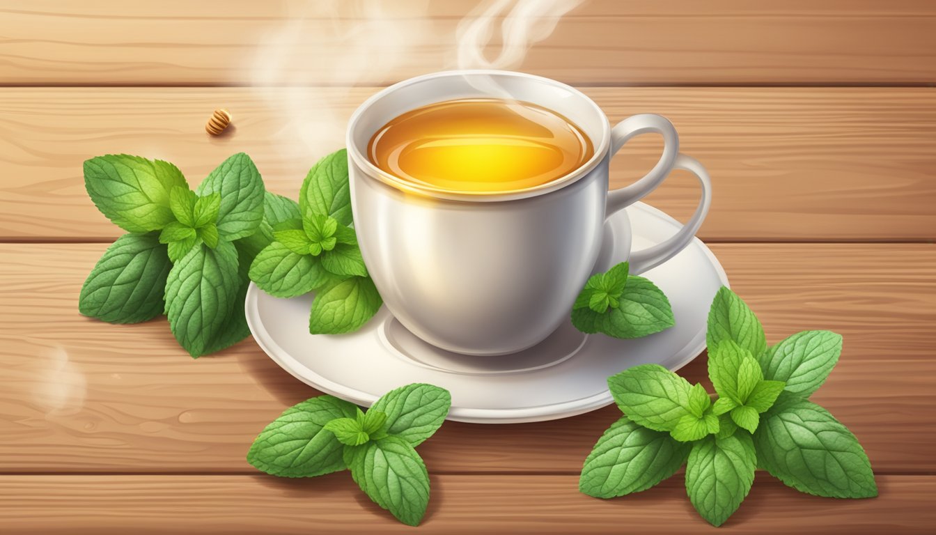 Steaming cup of peppermint tea surrounded by fresh mint leaves and a honey dipper on a wooden table