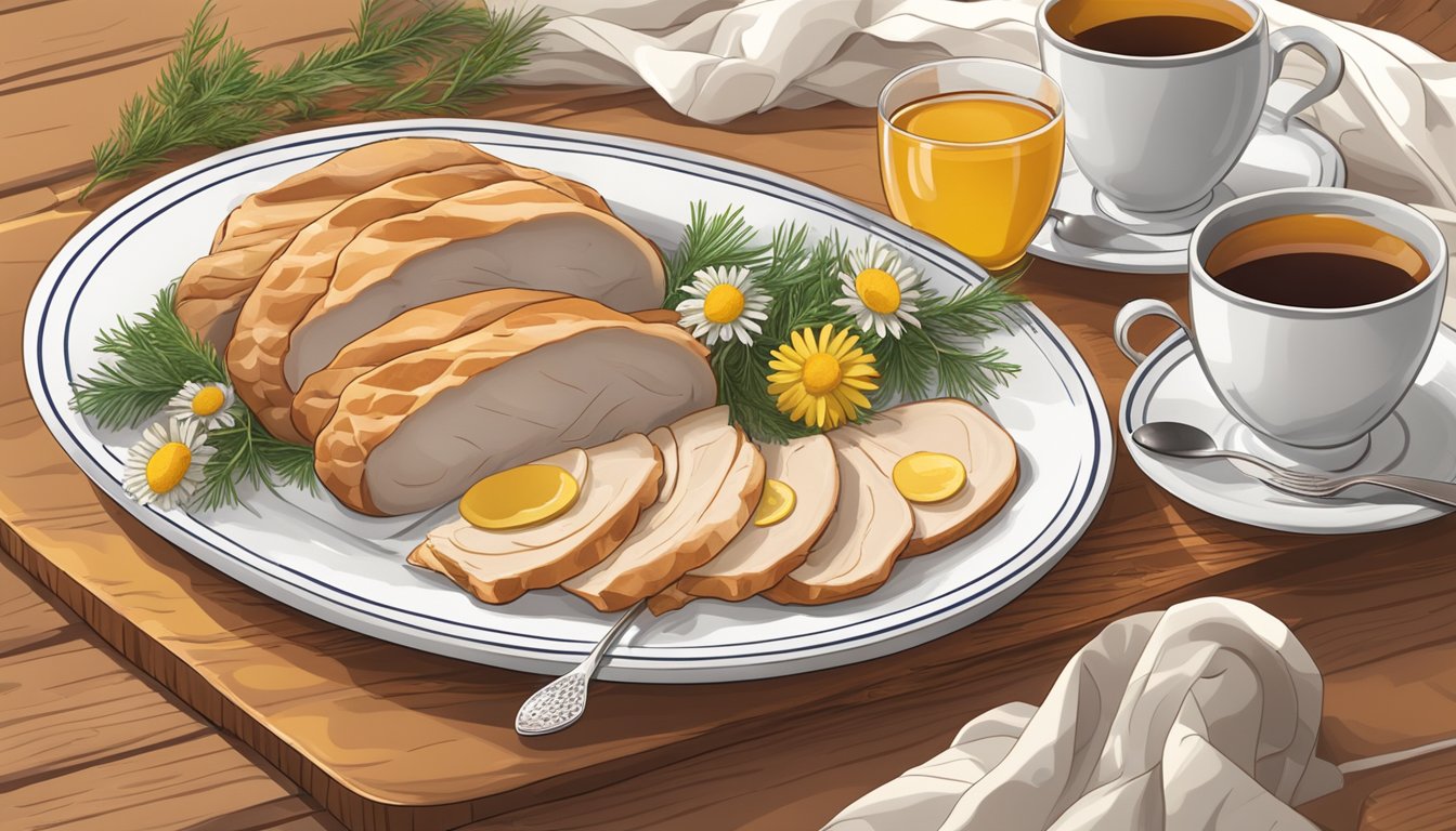 A plate of turkey slices surrounded by chamomile tea and a warm blanket