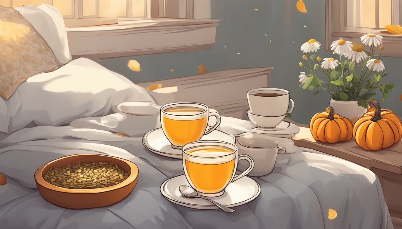 A cozy bed surrounded by scattered pumpkin seeds and a warm mug of chamomile tea