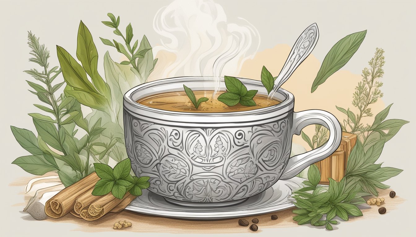 A steaming cup of licorice root tea surrounded by calming herbs and spices