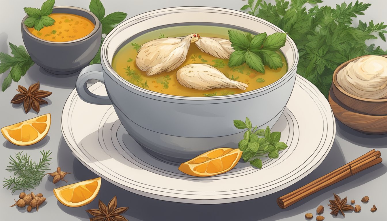 A steaming bowl of chicken soup surrounded by herbs and spices, with a warm cup of herbal tea on the side