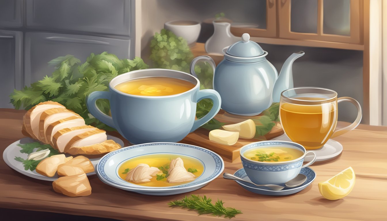 A cozy kitchen with a steaming bowl of chicken soup, a cup of herbal tea, and a plate of sliced ginger and honey