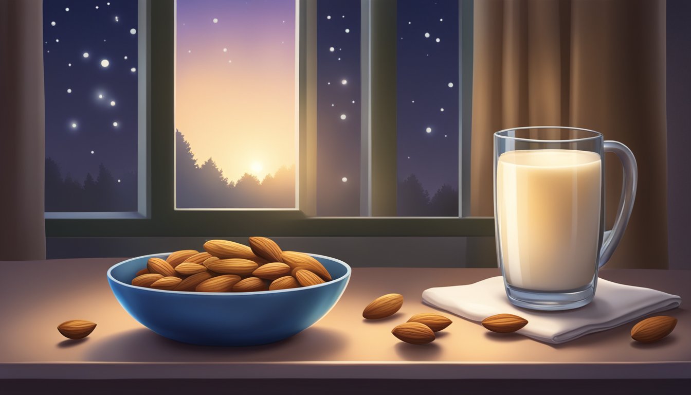 A serene nighttime scene with a bowl of almonds and a glass of warm milk on a bedside table, surrounded by soft, calming lighting