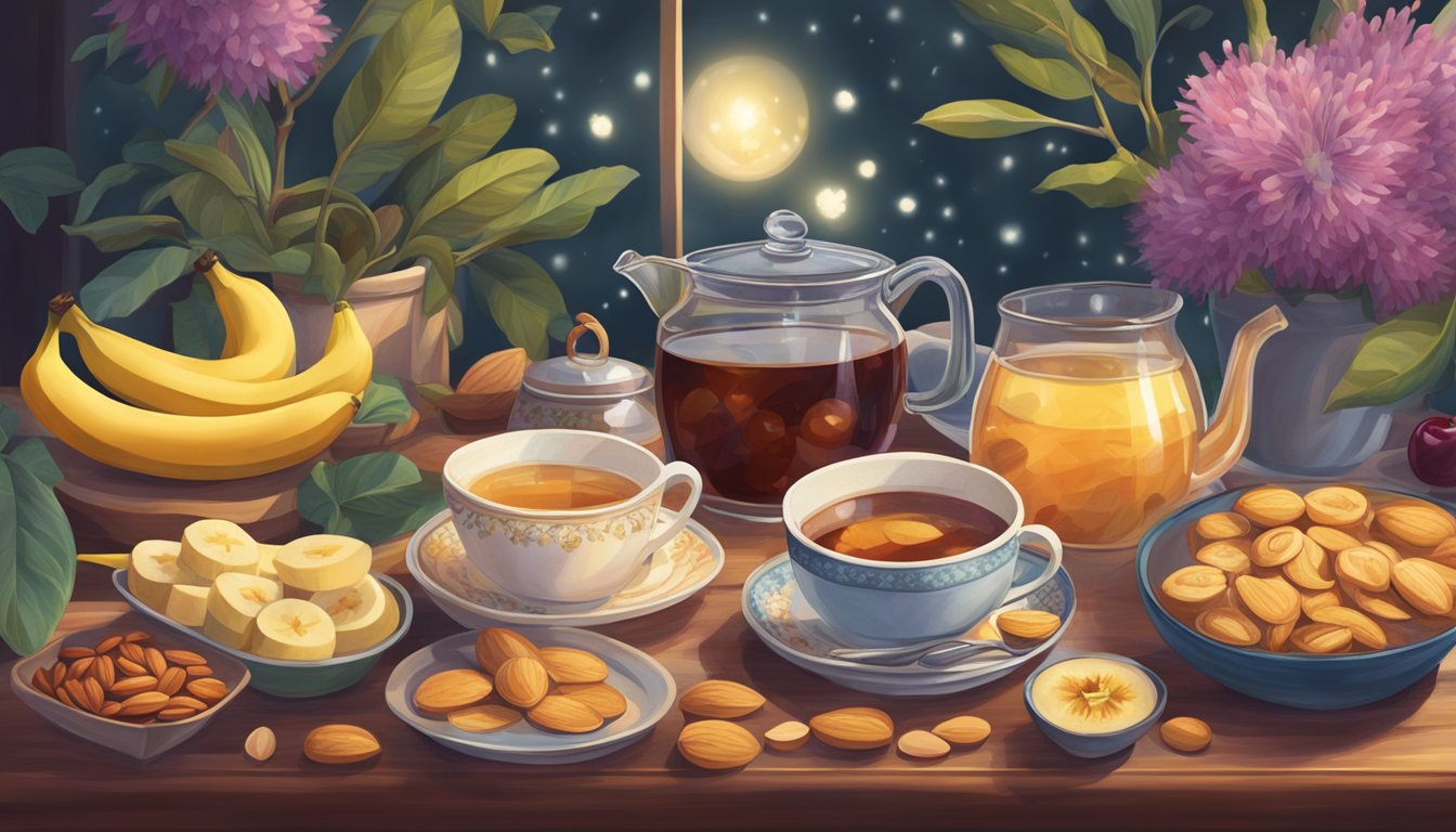 A cozy night scene with a steaming cup of passionflower tea surrounded by sleep-inducing foods like bananas, cherries, and almonds, all bathed in a soft, warm light