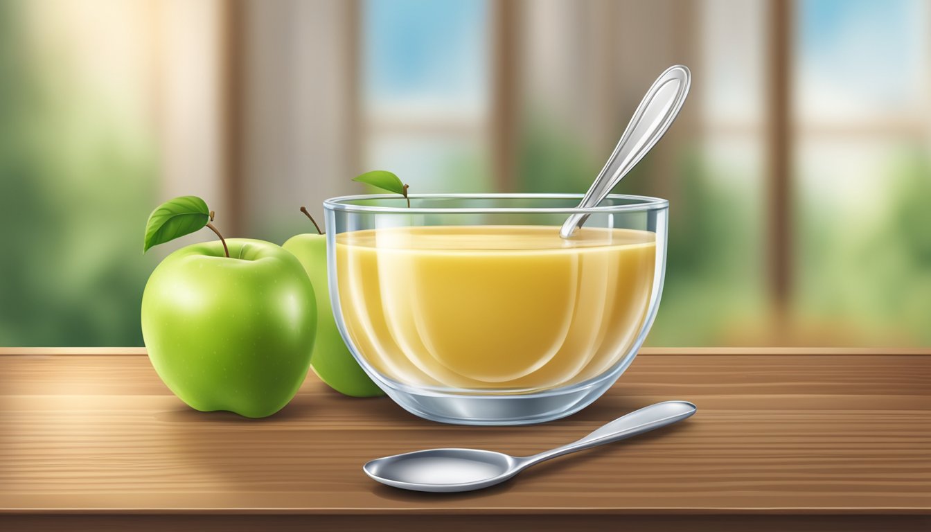 A bowl of applesauce, a spoon, and a glass of water on a wooden table