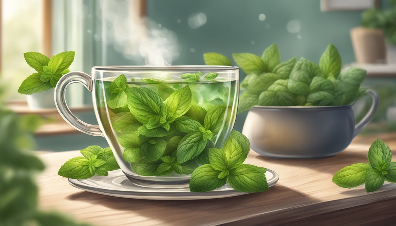 A steaming cup of peppermint tea surrounded by calming herbs and a warm, comforting atmosphere