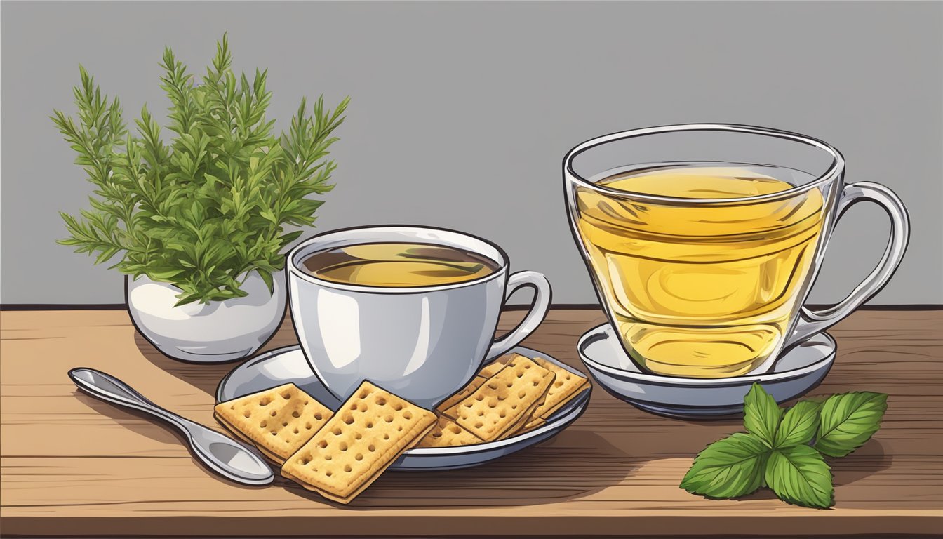 A bowl of crackers and a cup of herbal tea on a table