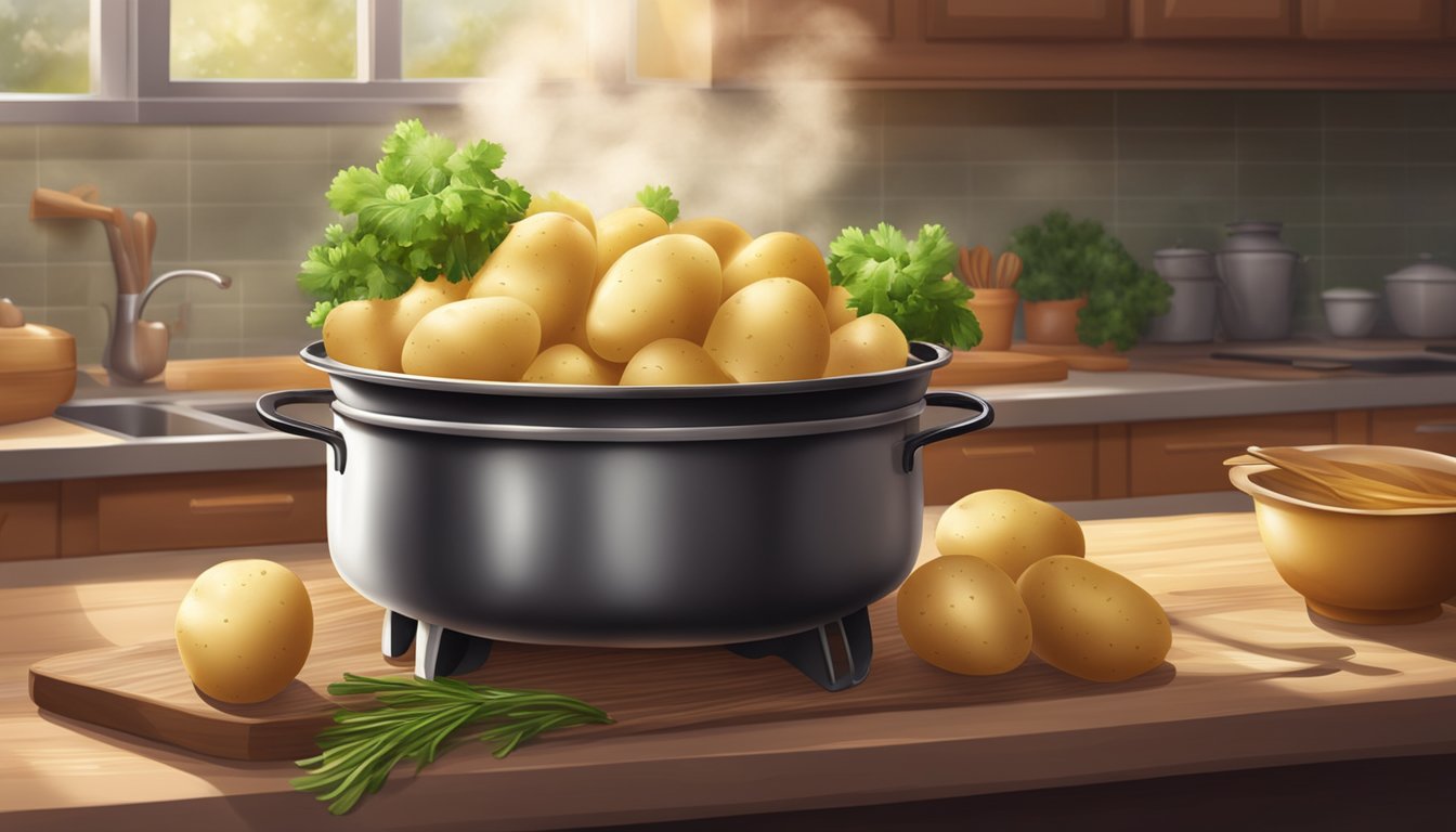 A pot of boiled potatoes steaming on a kitchen counter, surrounded by a warm and cozy atmosphere