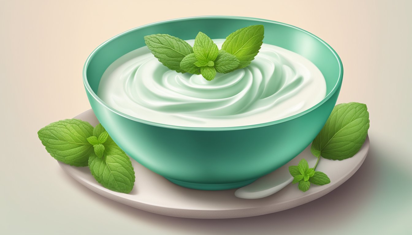 A bowl of yogurt surrounded by calming elements like mint leaves and a soothing color palette