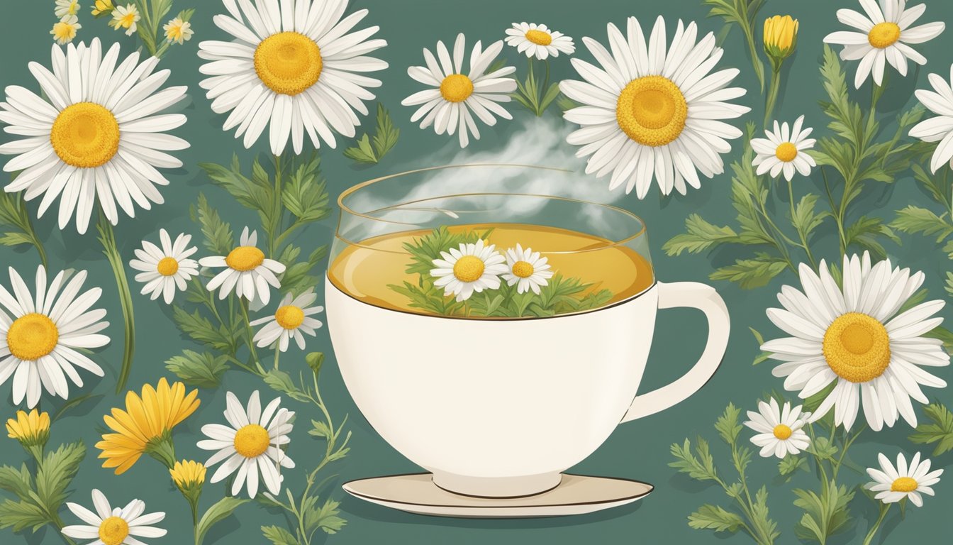 A steaming cup of chamomile tea surrounded by calming herbs and flowers