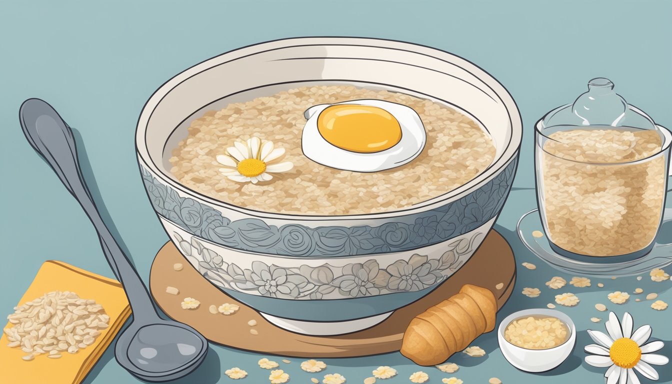 A bowl of oatmeal with a spoon, surrounded by calming items like chamomile tea, ginger, and a heating pad