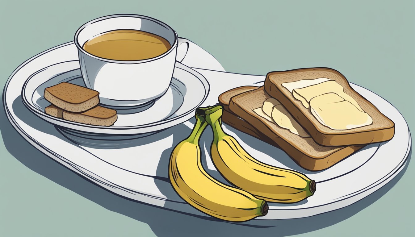 A simple plate with plain toast, a cup of herbal tea, and a bowl of sliced bananas on a clean, neutral-colored table