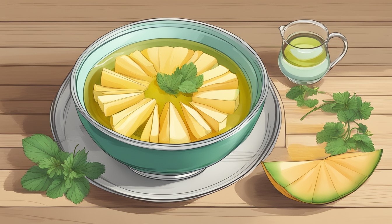 A bowl of sliced melon surrounded by chamomile tea and ginger on a wooden table