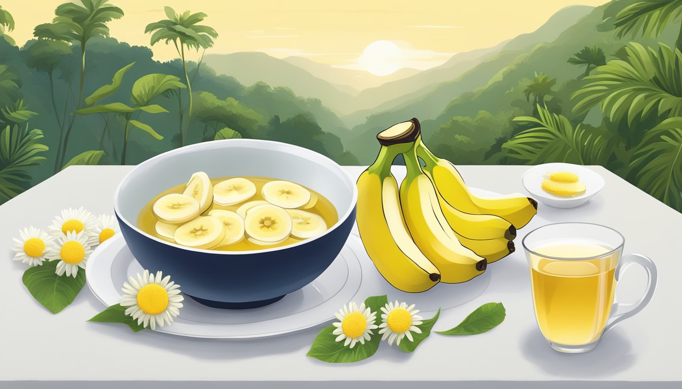 A bowl of sliced bananas surrounded by chamomile tea and ginger, set against a serene backdrop of nature