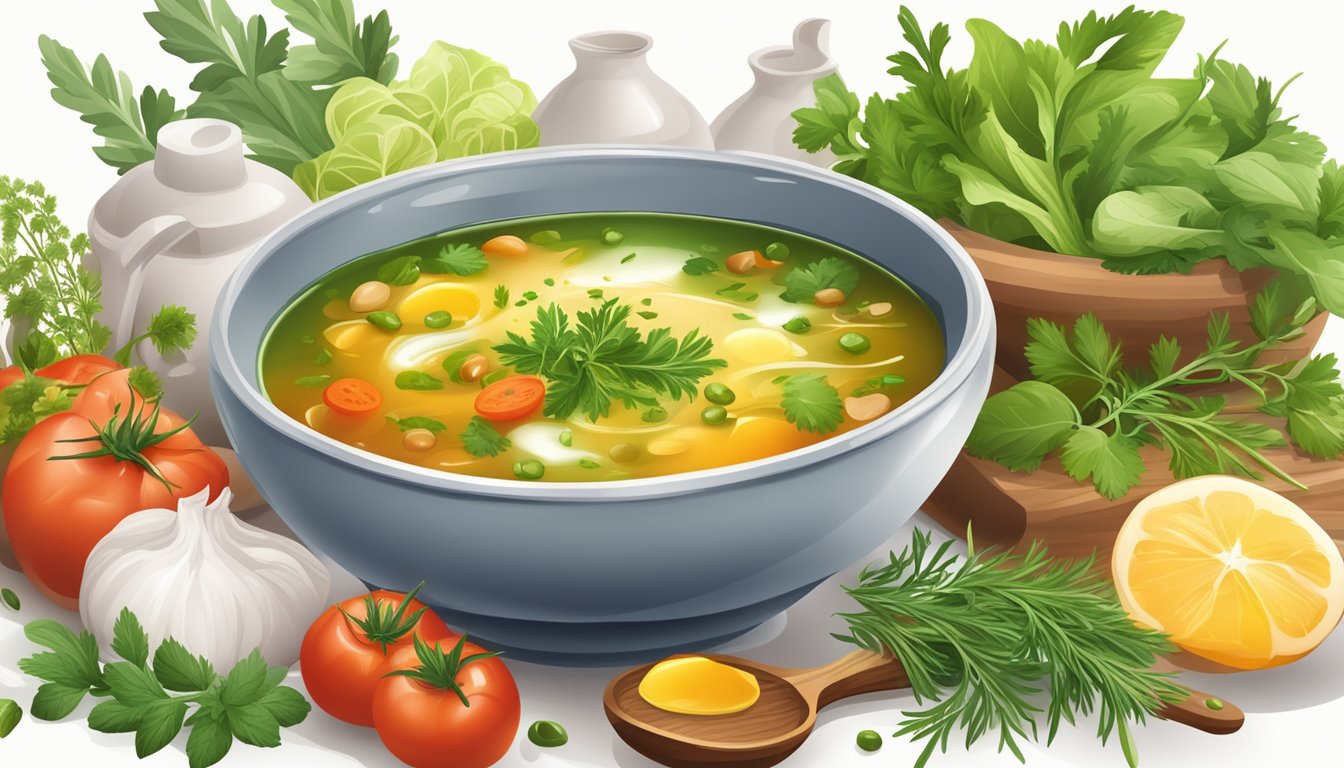 A bowl of steaming hot soup with a drizzle of olive oil, surrounded by fresh herbs and vegetables