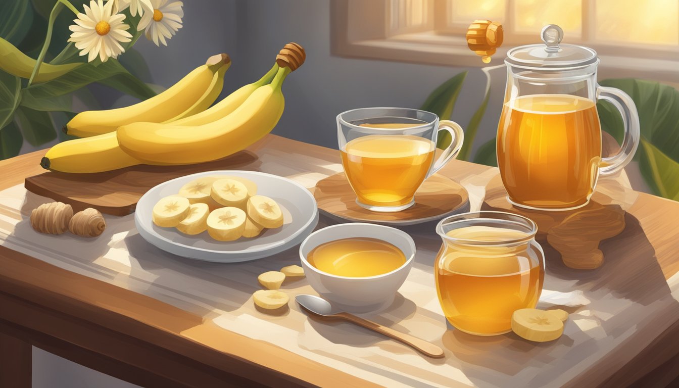 A table with a spread of honey, ginger, chamomile tea, and bananas, surrounded by a calming, warm glow