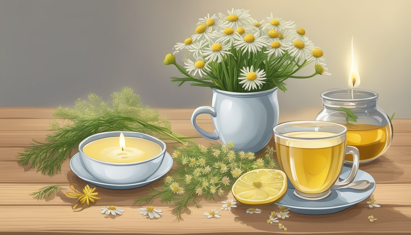 A serene scene of fennel, chamomile, and ginger root arranged on a wooden table, surrounded by soft candlelight and a cup of herbal tea