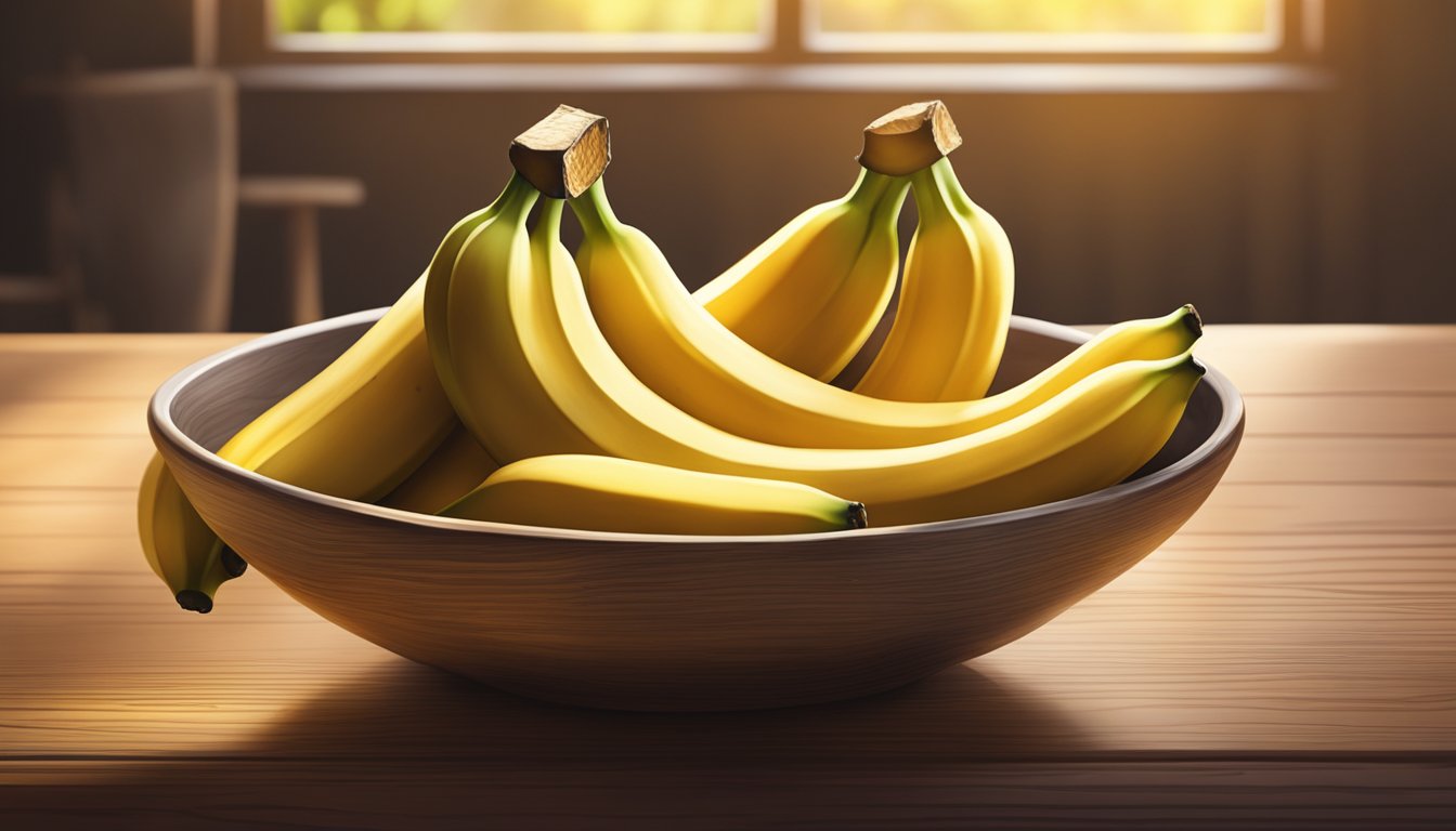 A bowl of ripe bananas sitting on a wooden table with a soft, warm light shining on them