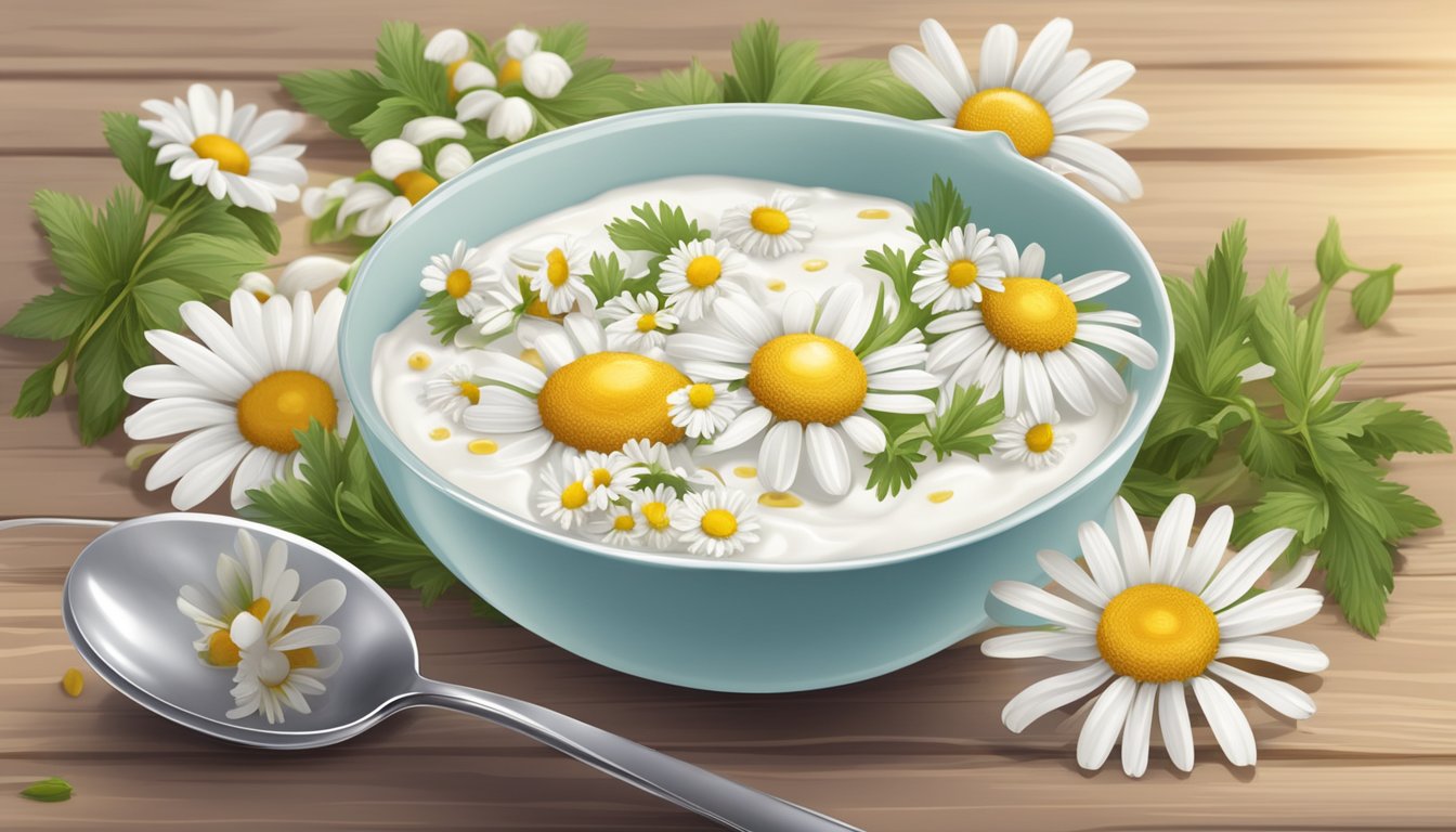 A bowl of yogurt surrounded by chamomile flowers and a spoon on a wooden table