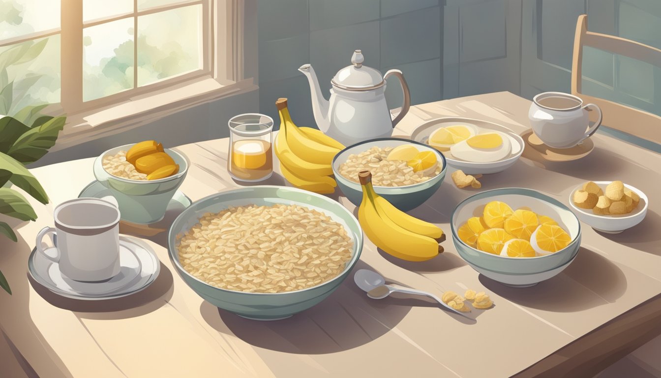 A table with a variety of soothing foods like oatmeal, bananas, ginger, and chamomile tea, surrounded by a calm and peaceful atmosphere