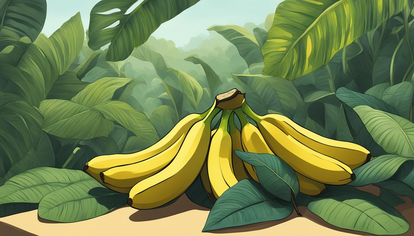 A bunch of ripe bananas surrounded by a calming, natural environment