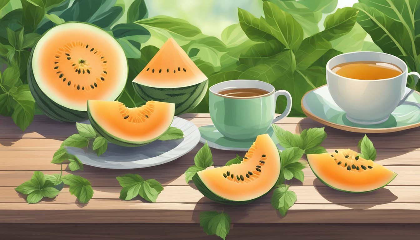 A serene setting with a variety of melon slices and a cup of herbal tea on a wooden table surrounded by greenery